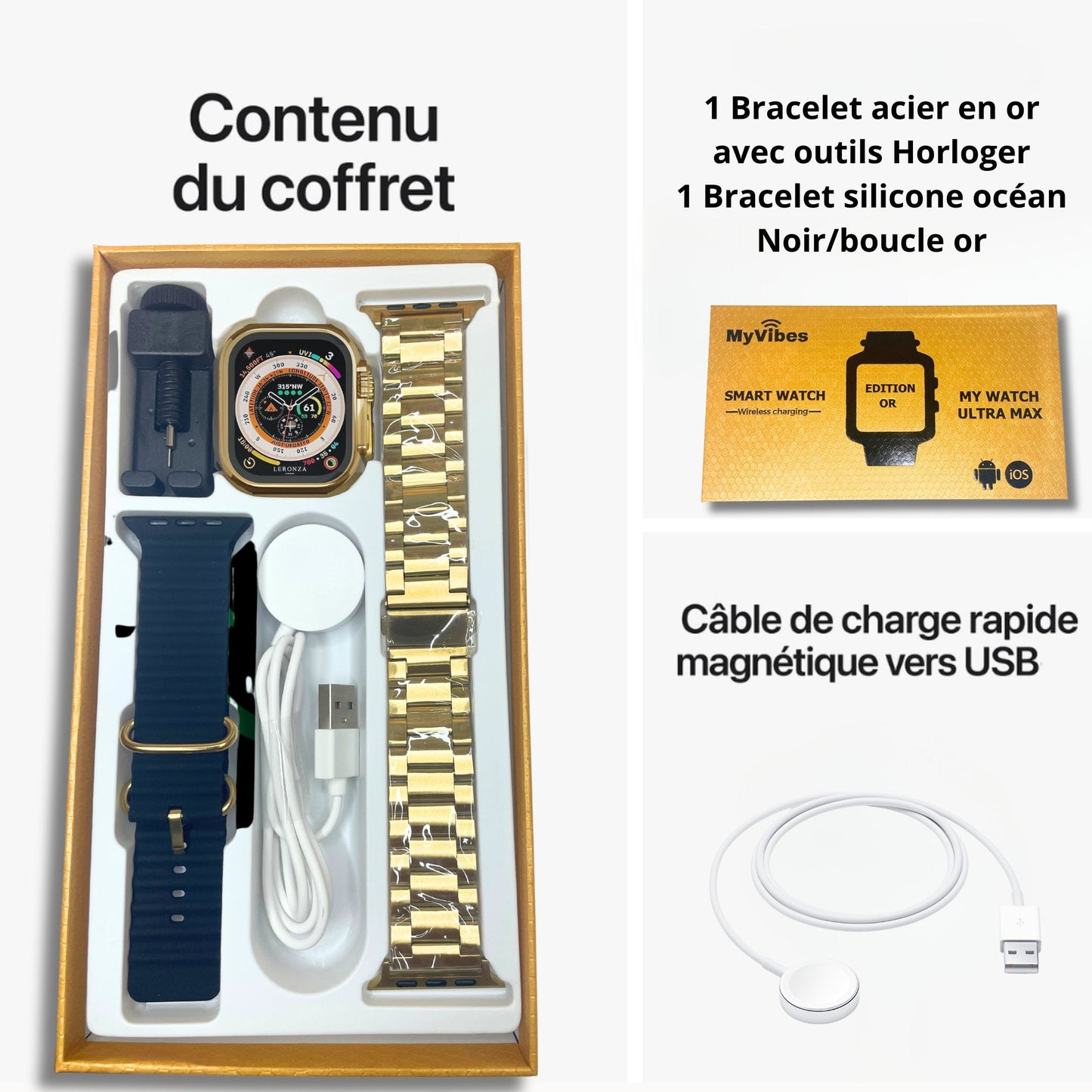 Montre connectée Bluetooth appels et SMS, pour iPhone & Android, MY WATCH ULTRA MAX™ VERSION OR